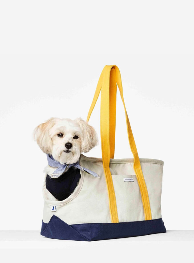 white, navy and yellow dog carrier 2