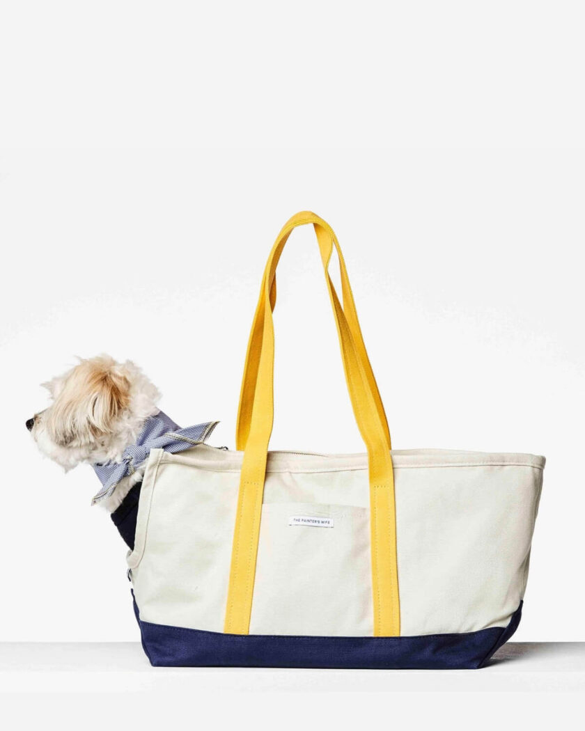 white, navy and yellow dog carrier 3