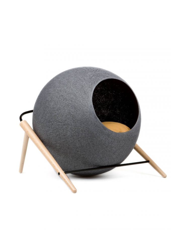 Dark grey woven sphere cat bed in wood and metal frame 2
