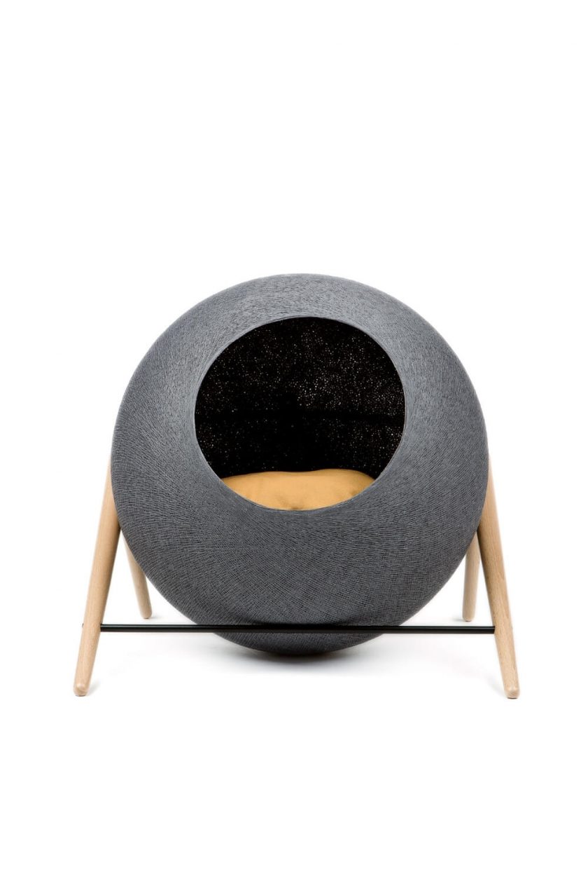Dark grey woven sphere cat bed in wood and metal frame 3