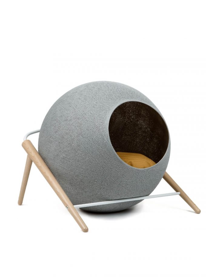 Light grey woven sphere cat bed in wood and metal frame 1