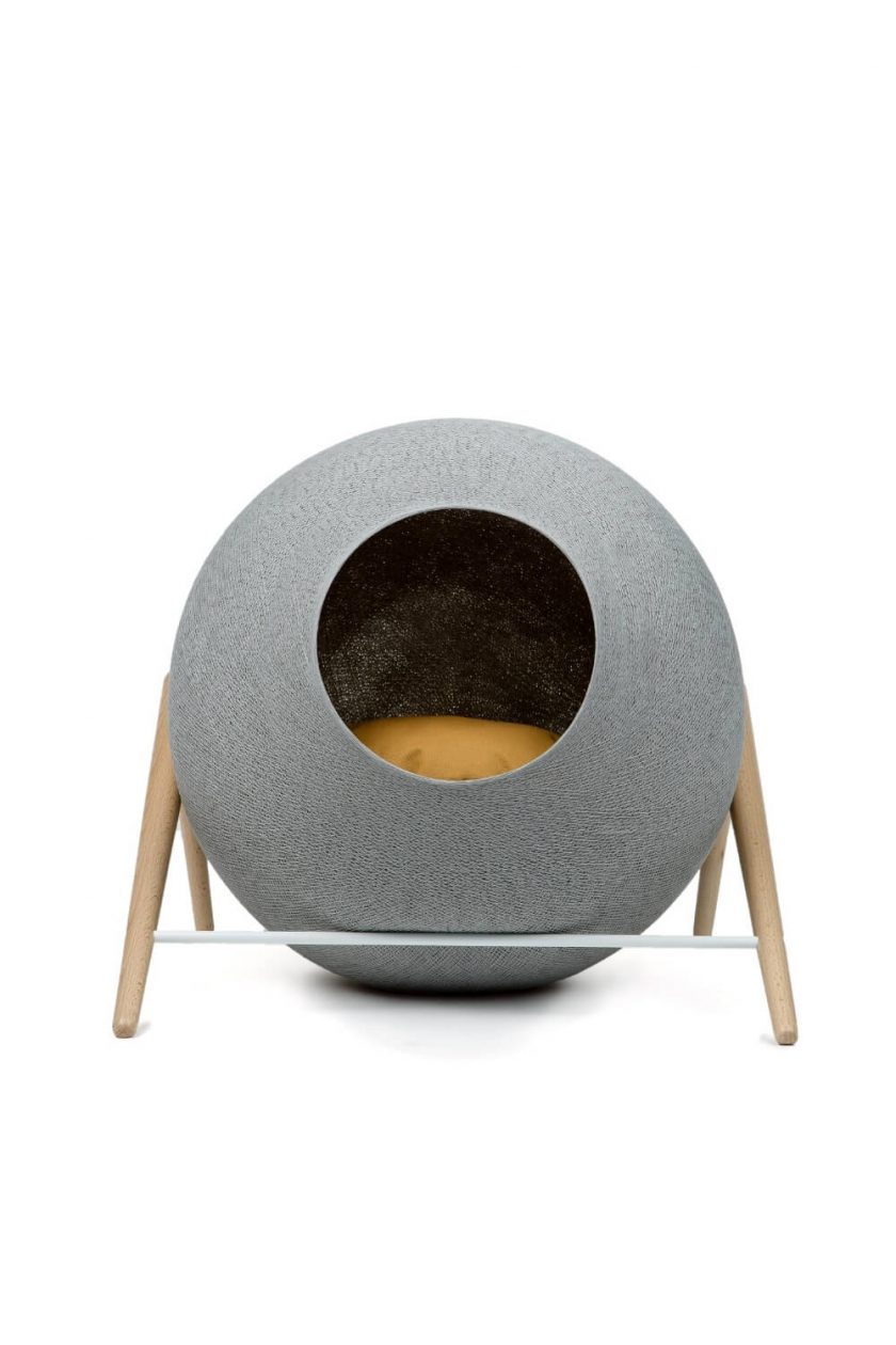 Light grey woven sphere cat bed in wood and metal frame 2