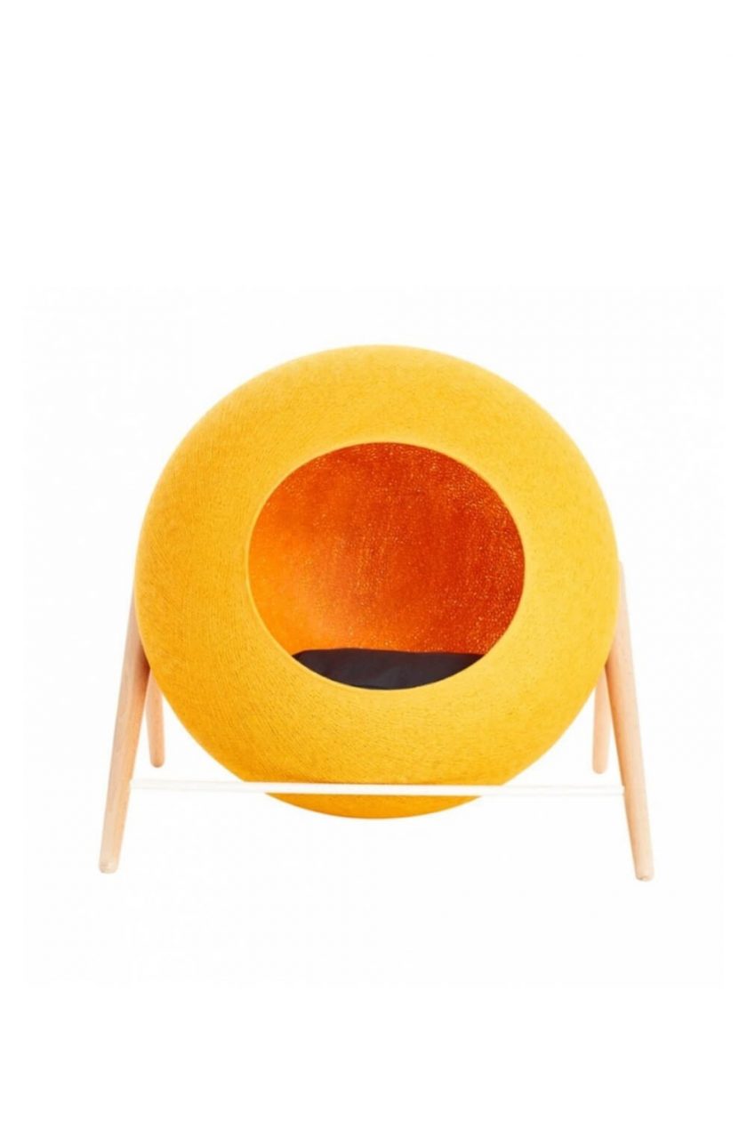 Bright yellow woven sphere cat bed 11