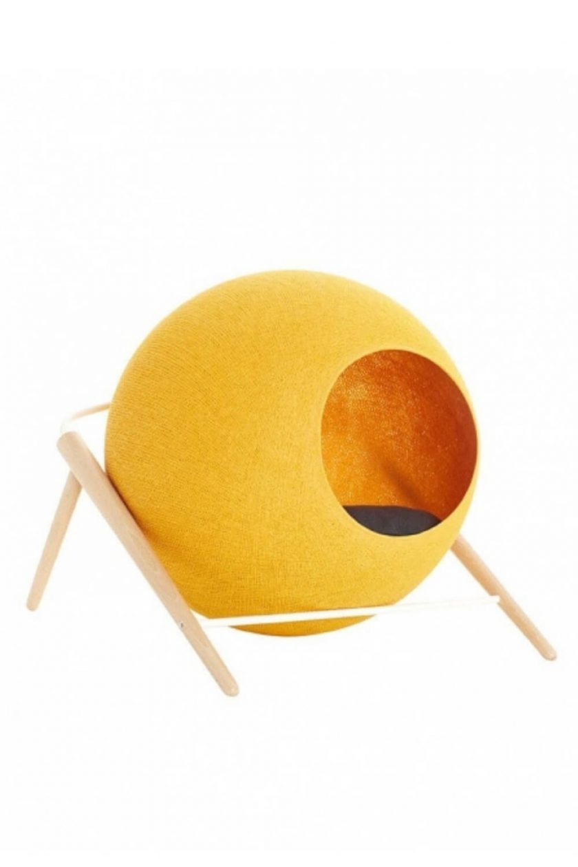 Bright yellow woven sphere cat bed 123